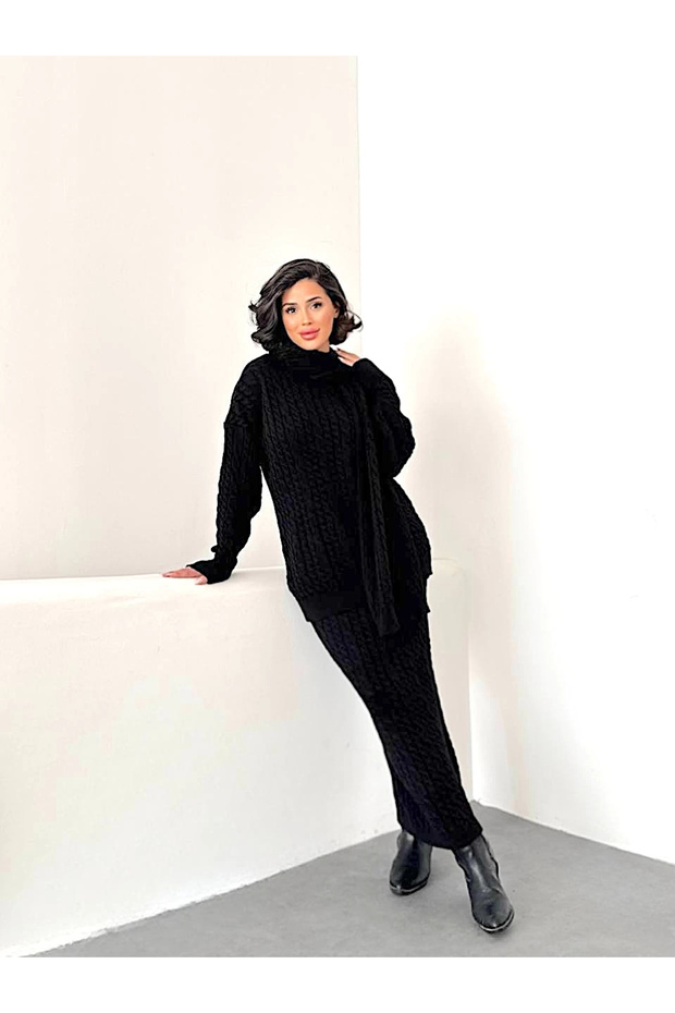 Women's Black Scarf Hair Braided Skirt Sweater Scarf 3-Piece Set