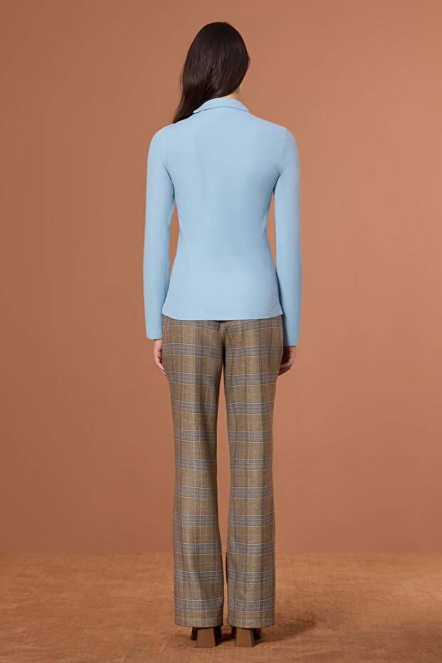 Boğazlı Örme Fit Bluz Mavi - 5