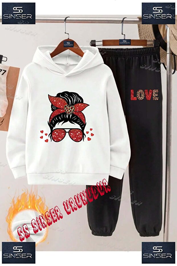 Children's Unisex Custom Printed Hooded Tracksuit Set with Glasses and Grilled Red Leopard Pattern
