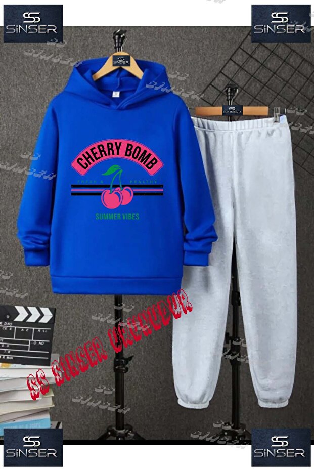 Children's Unisex Custom Printed Hoodie and Sweatpants Set with the Text: "Cherry Cherry Bomb Written on It".