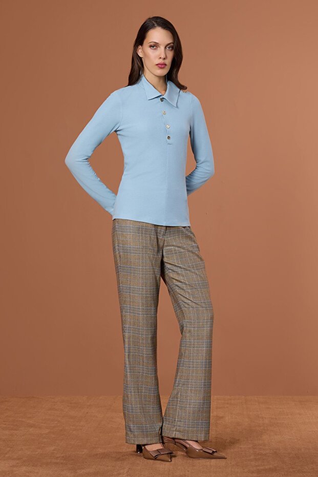 Boğazlı Örme Fit Bluz Mavi - 2