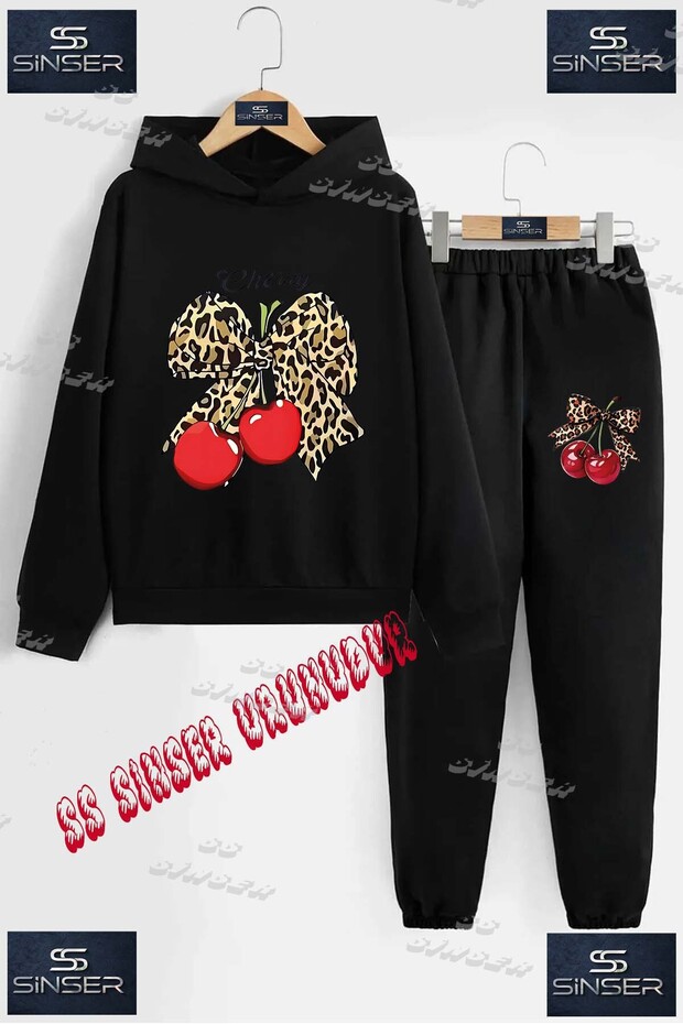 Children's Unisex Custom Printed Hoodie and Sweatpants Set with the Text: "Cherry Leopard Ribbon Cherry Texting".