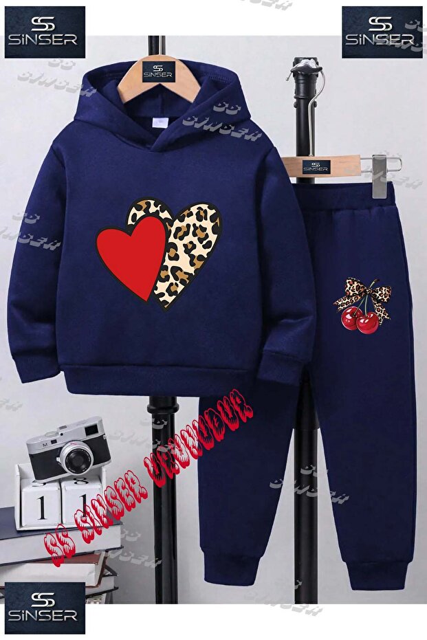 Children's Unisex "Heart 2-Piece Red Leopard Patterned Special Printed Hoodie and Trackpants Set