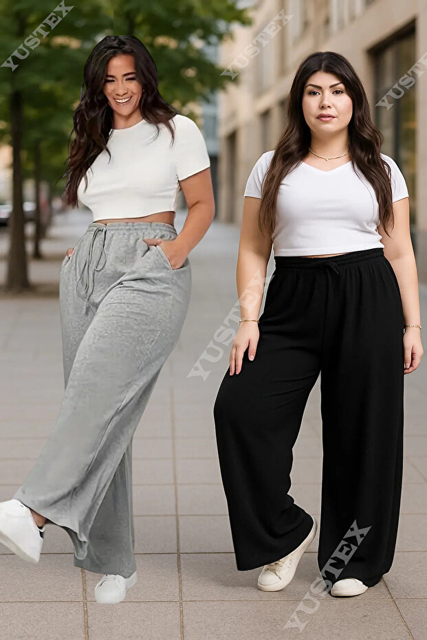 2 Pcs Women's Black + Gray Plus Size Baggy Loose Fit Pants Bottom Stretchy Comfortable Fabric Sweatpants