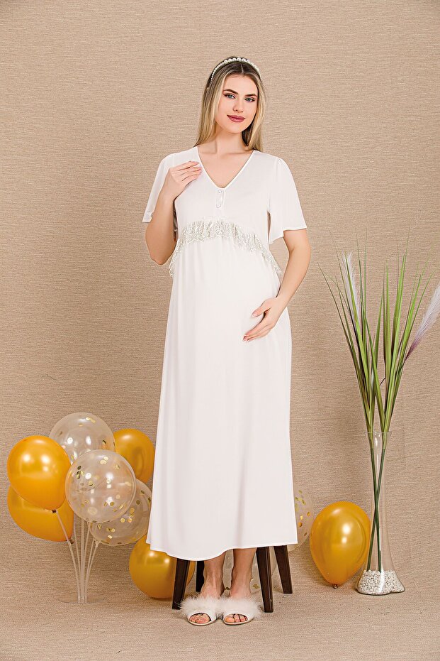 Short Sleeve Maternity&Postpartum Nightgown Dress with Buttoned V-Neck and Lace Detail