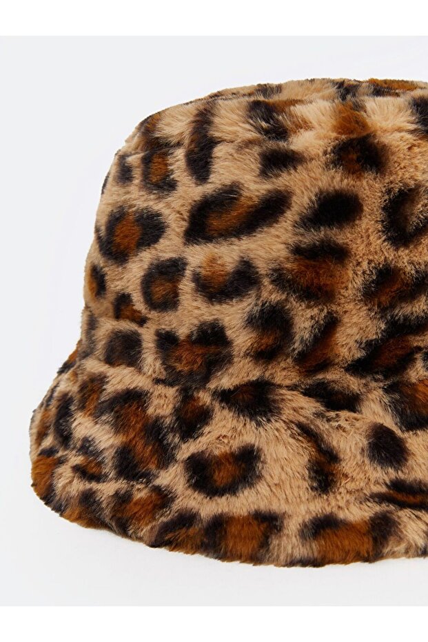 Leopar Desenli Kürklü Kadın Bucket Şapka - 3