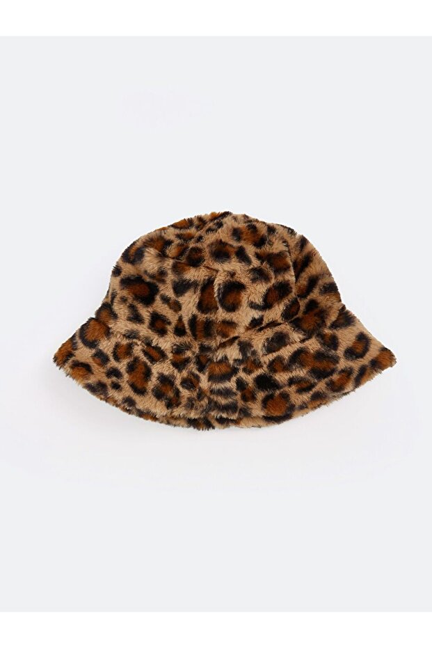 Leopar Desenli Kürklü Kadın Bucket Şapka - 2
