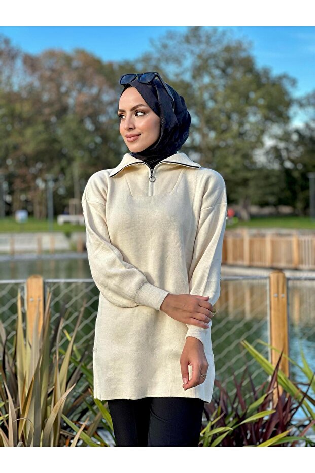 New season collar zippered knitwear tunic