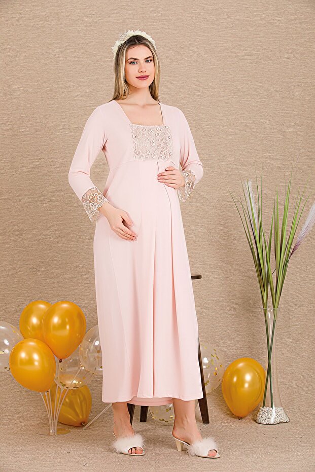 Buttoned Open Lace Neck Detail Long Sleeve Maternity & Postpartum Nightgown Dress