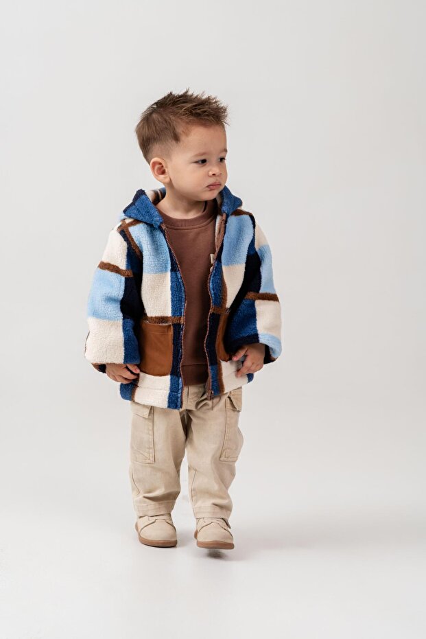 Boy's Cotton Hooded Blue Plaid Zippered Fleece Coat