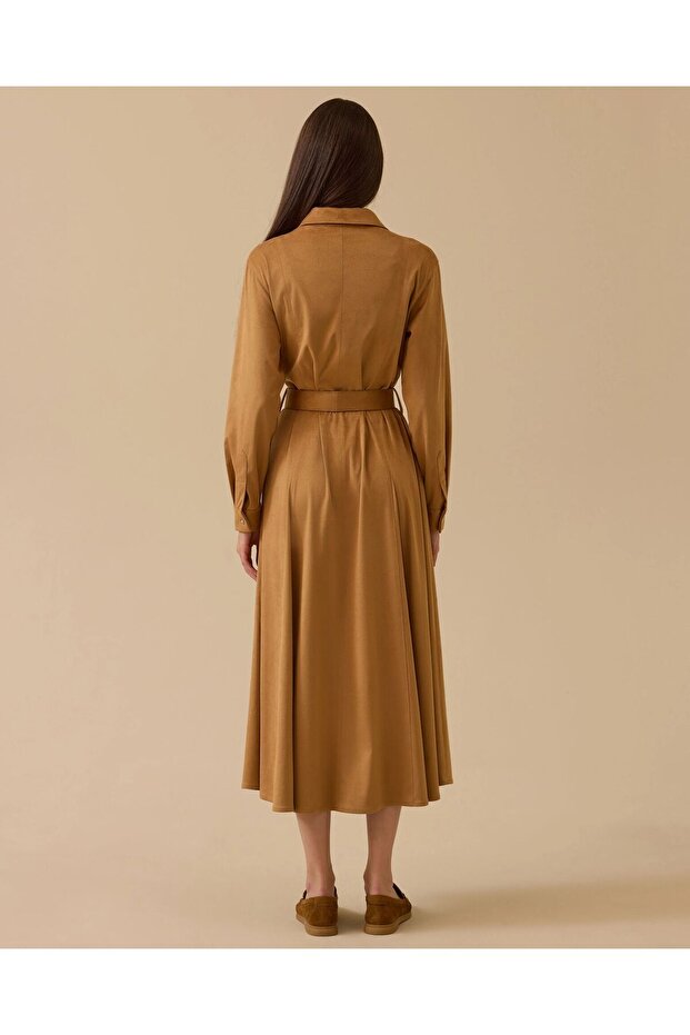 Kemerli Süet Elbise-CAMEL - 44 - 4