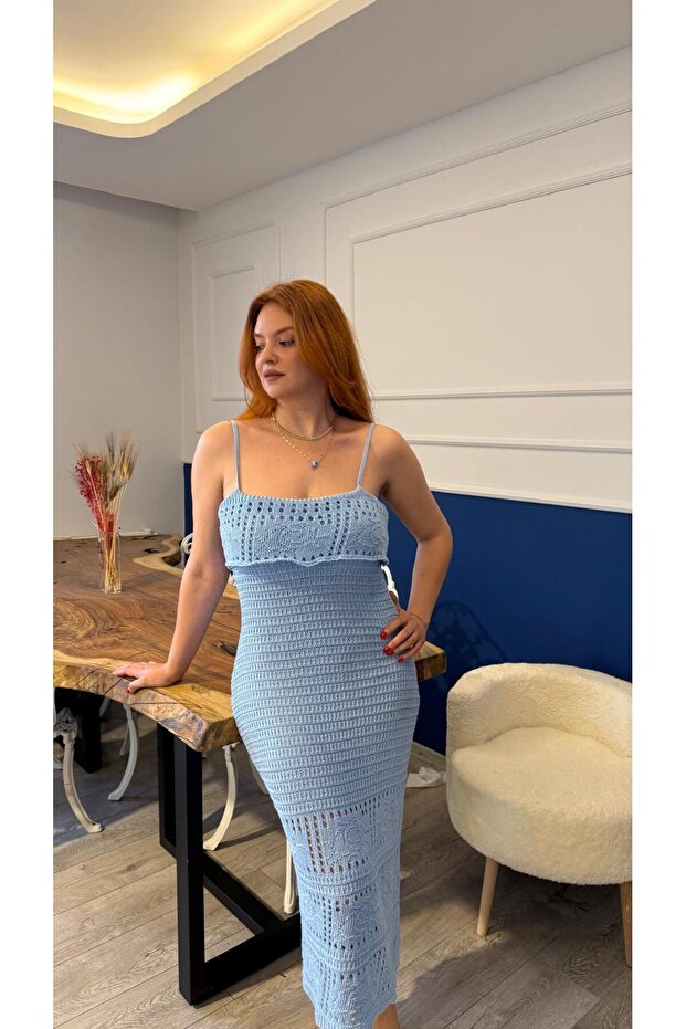 mavi triko işlemeli midi boy elbise - 4