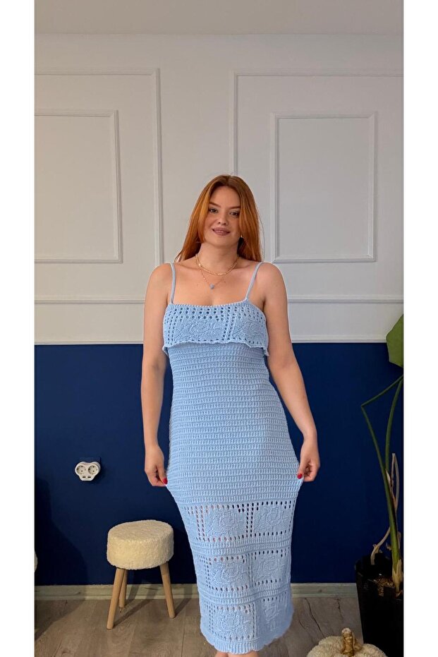 mavi triko işlemeli midi boy elbise - 3