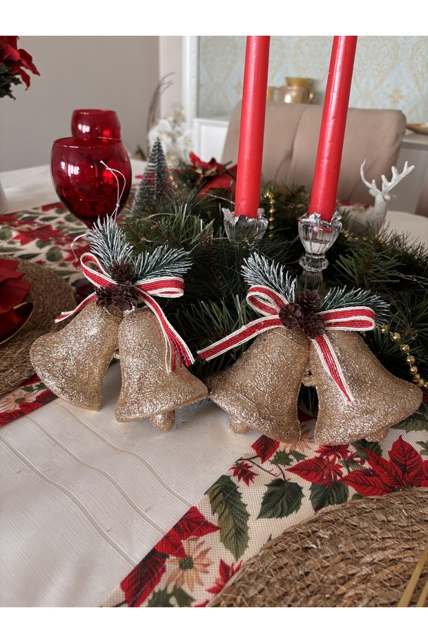 2-Pack Gold Glitter Bell Ornament with String Christmas New Year Christmas Decoration