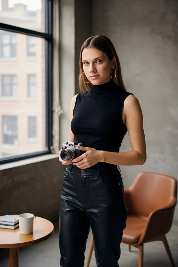 Kadın Siyah Kolsuz Balıkçı Yaka Basic Bluz - 7