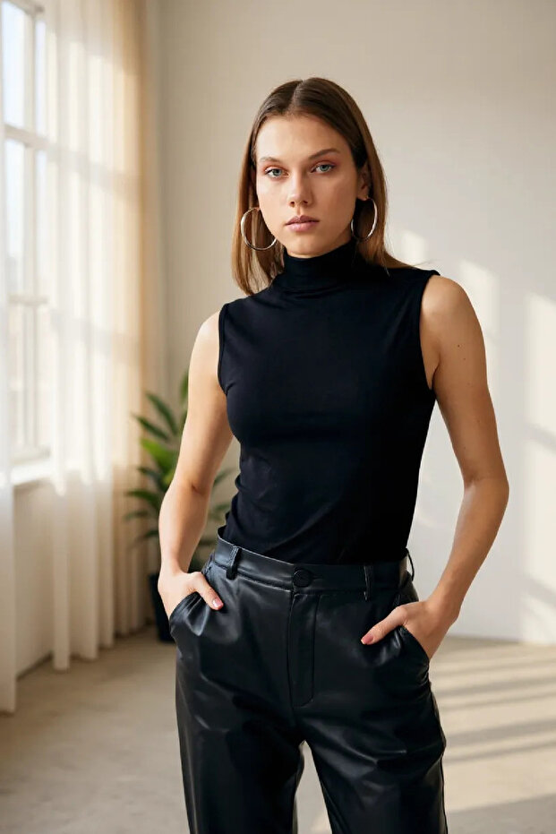 Kadın Siyah Kolsuz Balıkçı Yaka Basic Bluz - 6