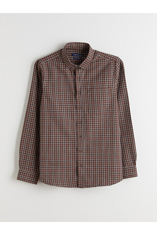 Regular Fit Long Sleeve Plaid Gabardine Men's Shirt