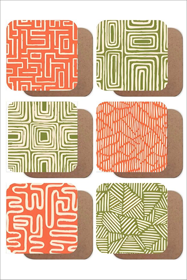 Line Art Themed Set of 6 Wooden Coasters Green/Orange