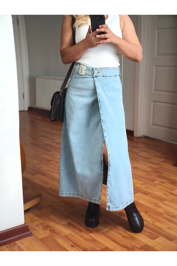 Belted Wrap Jean Skirt with Slit Women's Denim Skirt
