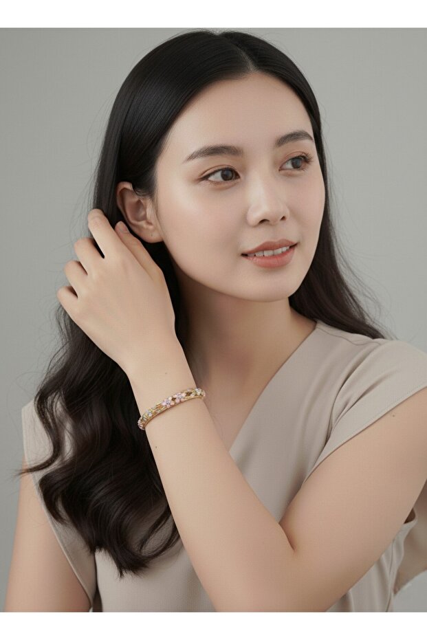 Mineli Pembe Çiçek İşlemeli Bilezik - 4