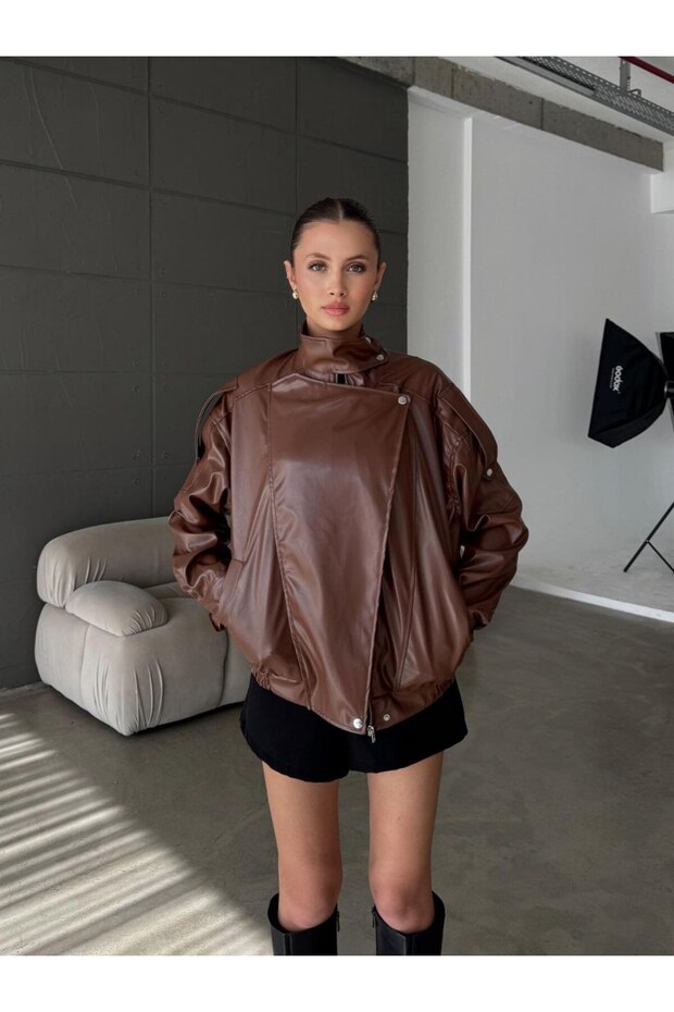 New Season Oversize Biker Jacket Women's Leather-Suede Jacket High Collar