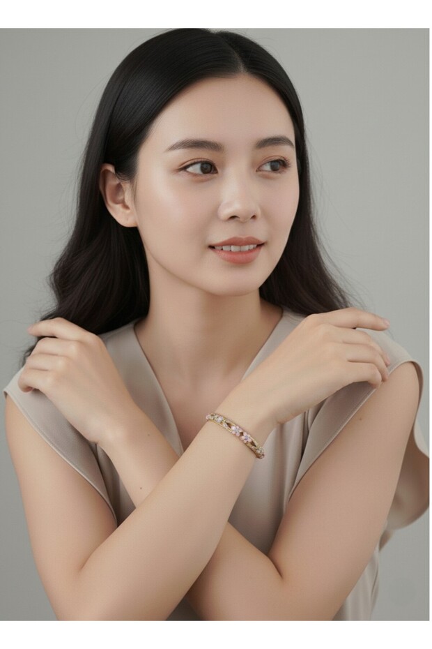 Mineli Pembe Çiçek İşlemeli Bilezik - 3