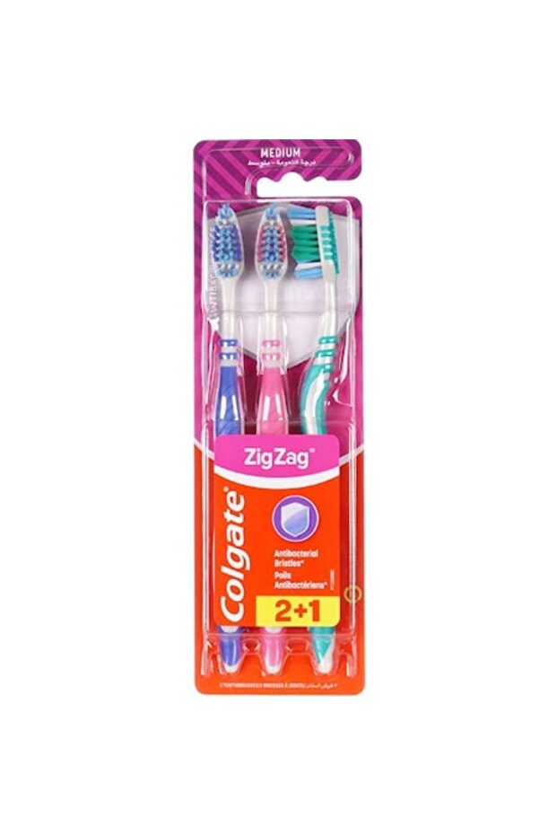 Set 3 periuțe de dinți, Colgate, ZigZag, Medii, Multicolore