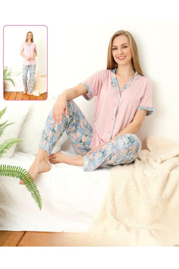 Women's Pink Pajama Set with Floral Detail