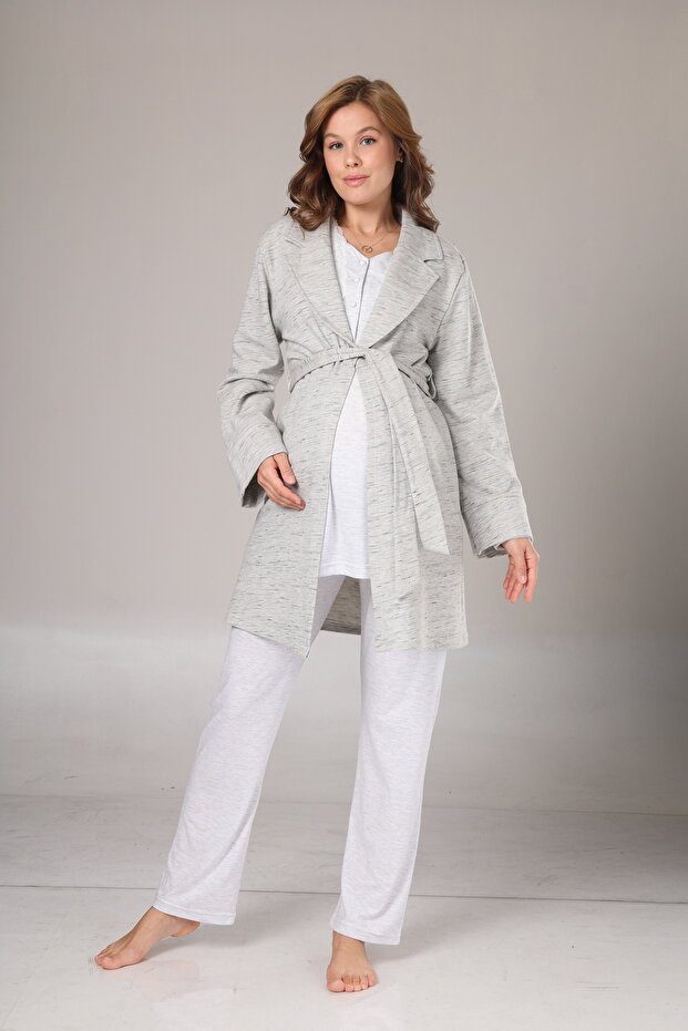 Women's Blue Melange Shawl Collar Winter Special Design Maternity Maternity Dressing Gown Pajama Set