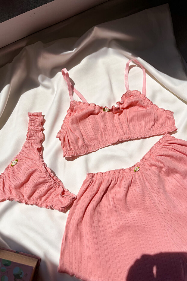 Romeo %100 Pamuklu 3’lü Pijama Takımı Bralet Şort Külot Seti - 1