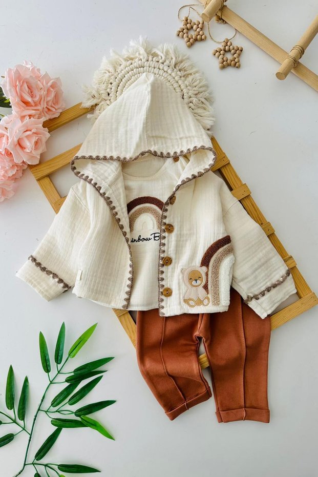 My Little One's Muslin Rainbow Poncho Detailed Baby Boy 3-Piece Set - Tile