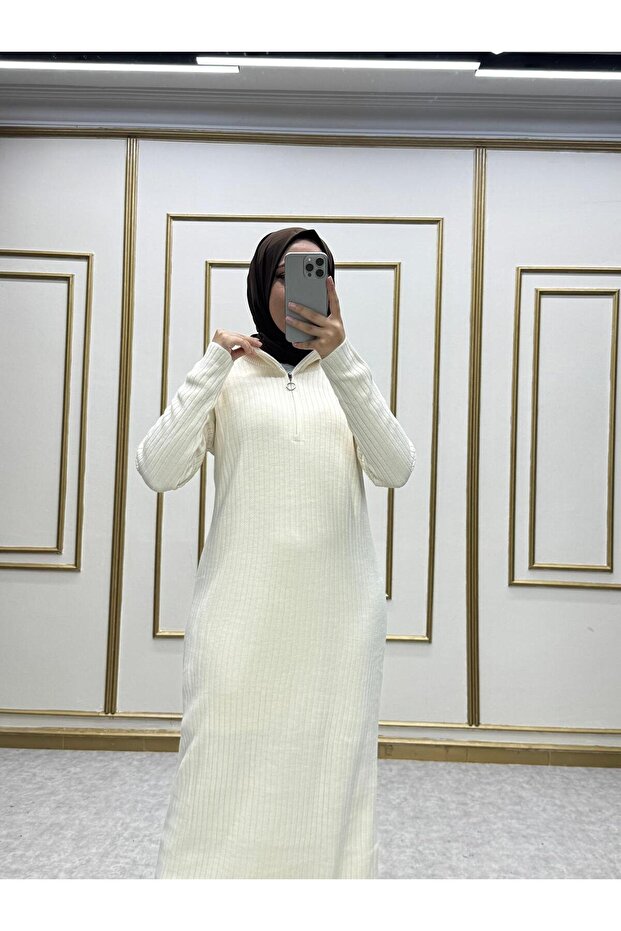 FERMUARLI TRİKO UZUN ELBİSE - 8