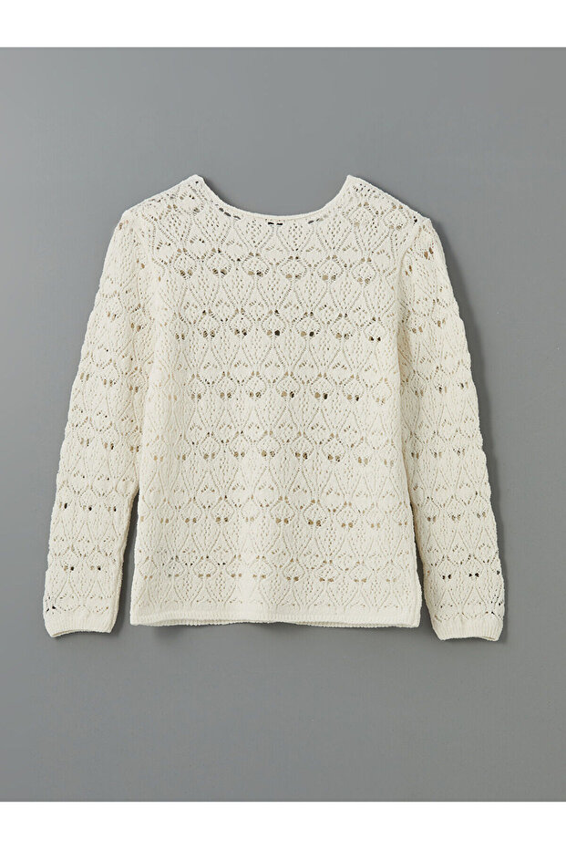 Ekru Bisiklet Yaka Ajurlu Kadın Triko Kazak - 6