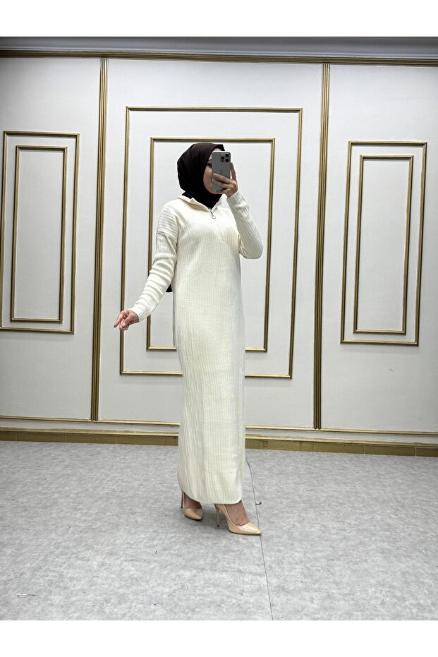 FERMUARLI TRİKO UZUN ELBİSE - 6