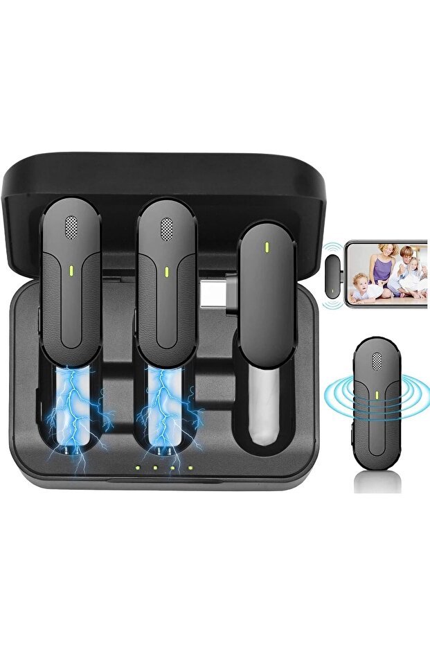 مجموعة ميكروفون لافاليير لاسلكي مزدوج لأجهزة iPhone وAndroid، قابلة للتوصيل والتشغيل، مجموعة تسجيل فيديو - 1