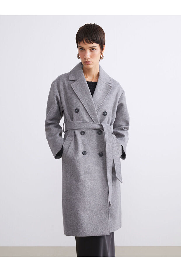 Two Mt Shop Quality Lcw Vision Gray Double-Breasted Collar Women's Cashmere Coat