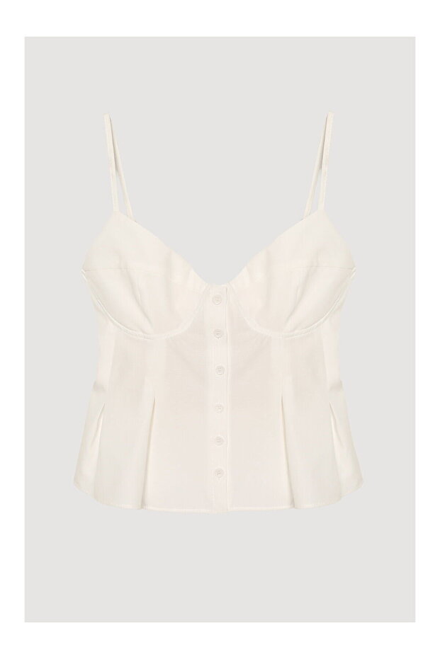 Buttoned Thin Strap Blouse with Pile Detail Ecru - 2