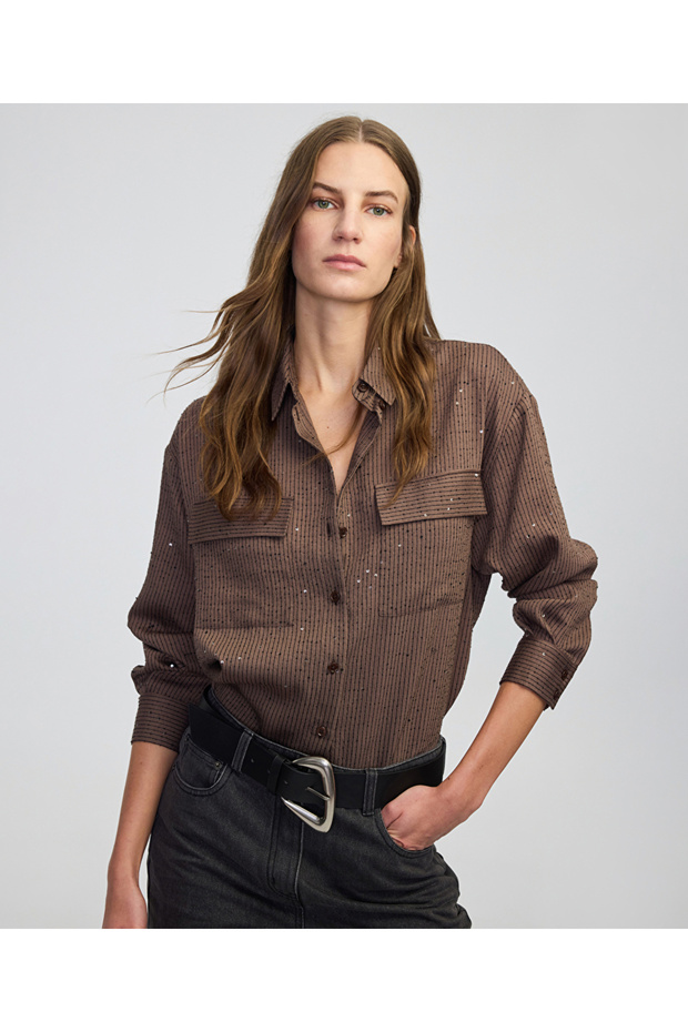 قميص بنمط خطوط مزينة بالترتر - 1