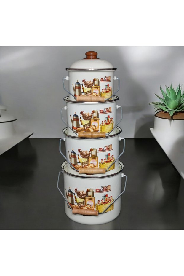 Enameled Bakraç Yogurt Storage Set 16-18-20-22 cm 2 Lt 3 Lt 4 Lt 5 Lt Kitchen Patterned
