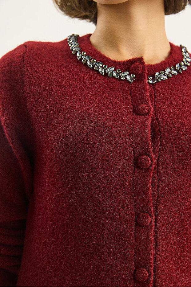 Kadın Bisiklet Yaka Zarif Taş İşlemeli Düğmeli Triko Hırka 4890 60283584 - 7