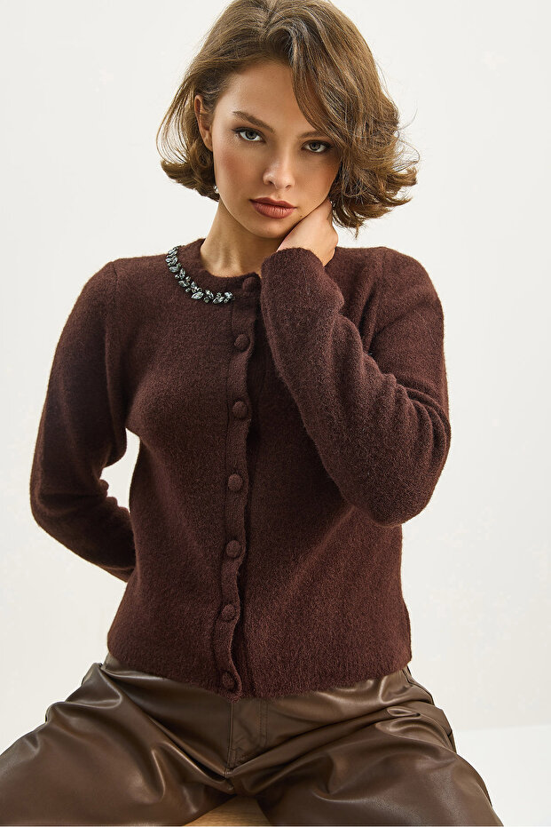 Kadın Bisiklet Yaka Zarif Taş İşlemeli Düğmeli Triko Hırka 4890 60283584 - 3