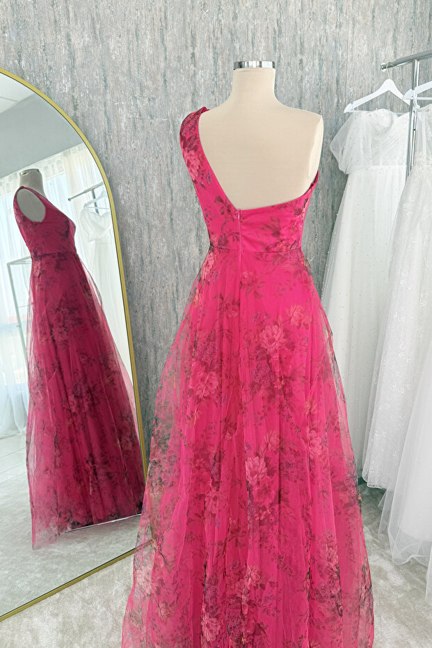 Fuşya Tek Omuz Çiçek Desenli Tül Abiye/ Gece Elbisesi - 3