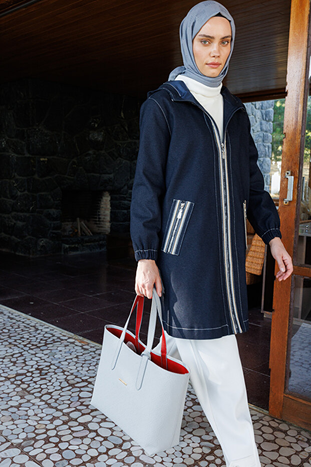 Fermuarlı Denim Kap - 1