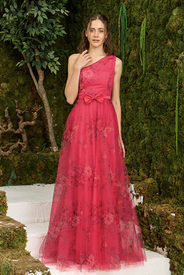 Fuşya Tek Omuz Çiçek Desenli Tül Abiye/ Gece Elbisesi - 1