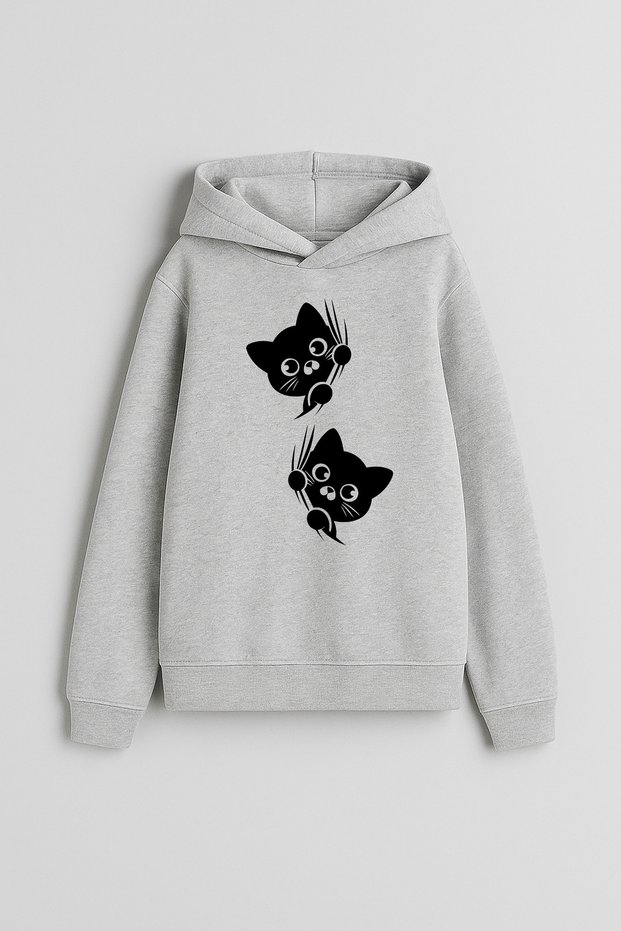 Cat Cat Printed Boys Girls Children Gray Hooded Hoodie Sweatshirt Hoodie