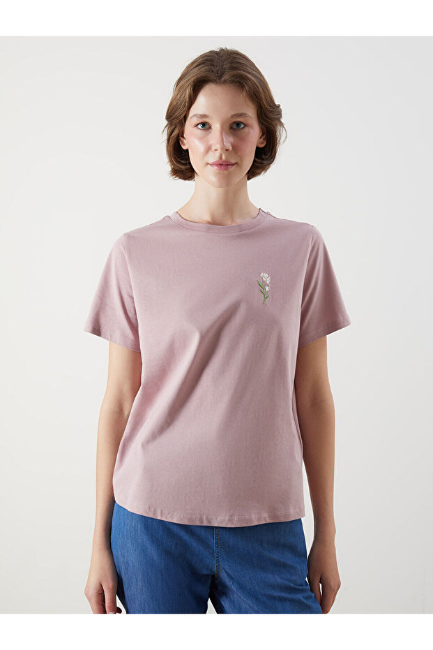 Crew Neck Floral Embroidered Women's T-Shirt
