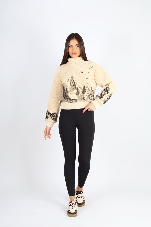 Üzeri Baskılı Fermuarlı Dik Yaka Peluş Hırka - 5