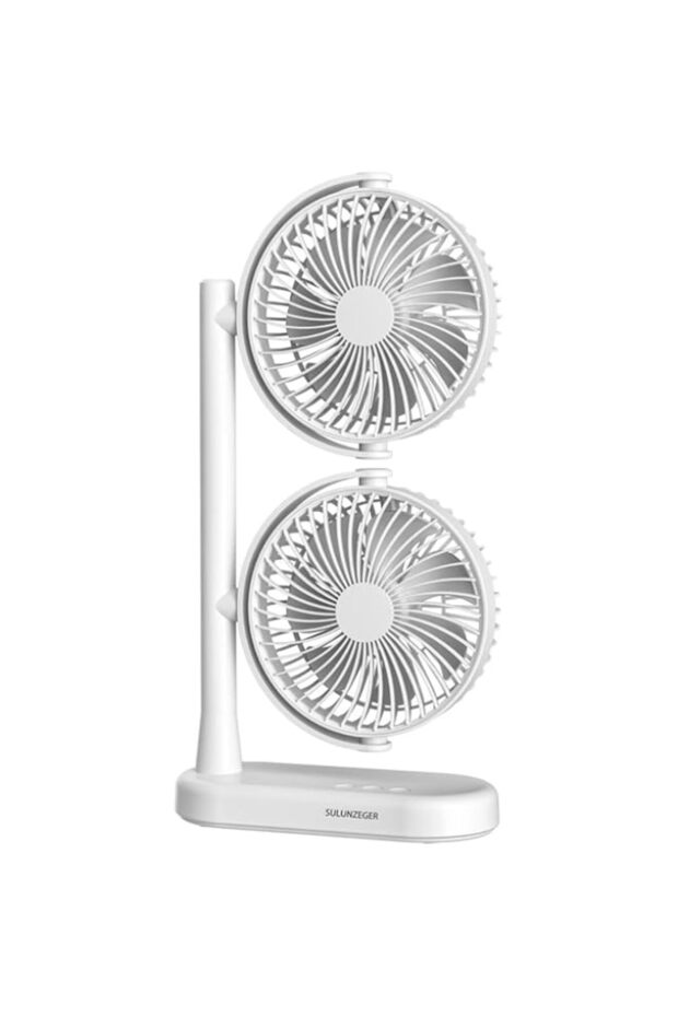 SULUNZEGER Desk Fan, Rechargeable Tower Fan Standing with Dual Adjustable Circulation Fans, USB Powe