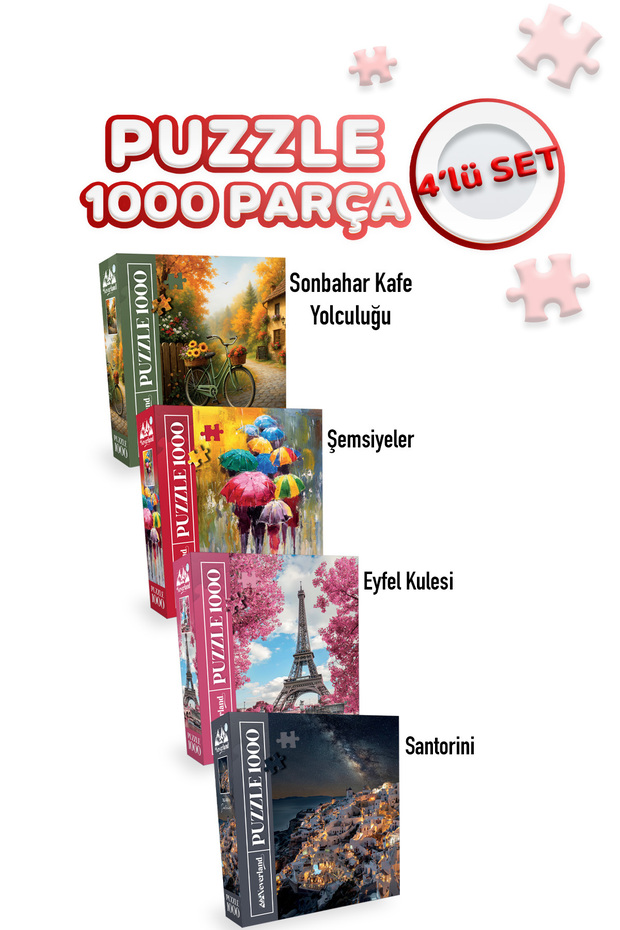 4 Pcs 1000 Piece Puzzle - Autumn Cafe Journey and Umbrellas and the Eiffel Tower and Santorini