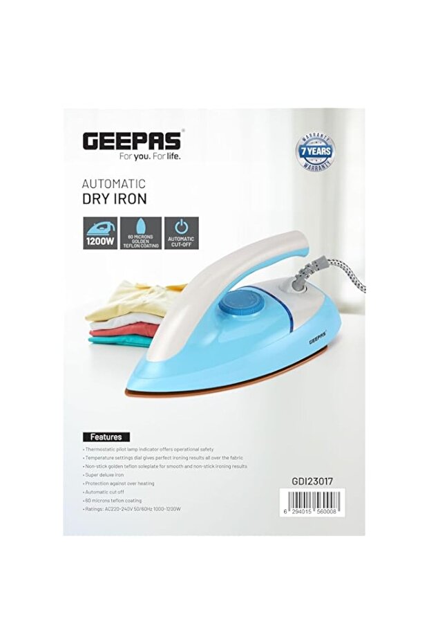 Geepas GDI23017 Dry Iron|Non-Stick Coating Plate & Adjustable Thermostat Control | Indicator Light w